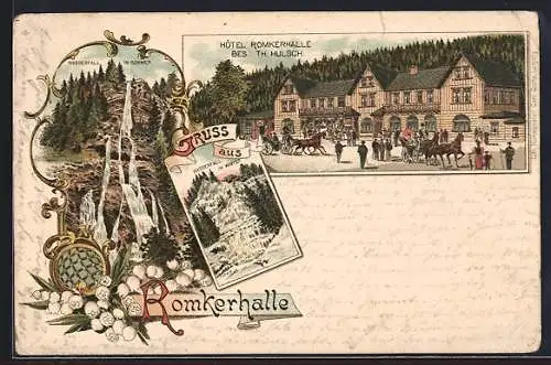 Lithographie Romkerhalle, Hotel Romkerhalle, Bes. Th. Hulsch, Wasserfall im Sommer und Winter