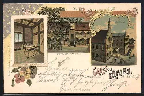 Lithographie Erfurt, Martinstift, Inneres Lutherzelle, Hofansicht