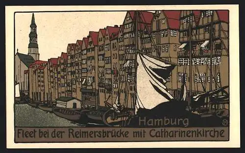 Steindruck-AK Hamburg, Fleet bei der Reimersbrücke mit Catharinenkirche