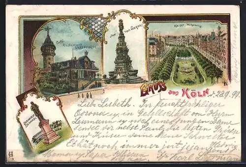 Lithographie Köln, Cafe-Restaurant Ulrepforte, Jan van Werth, Bismarck-Denkmal