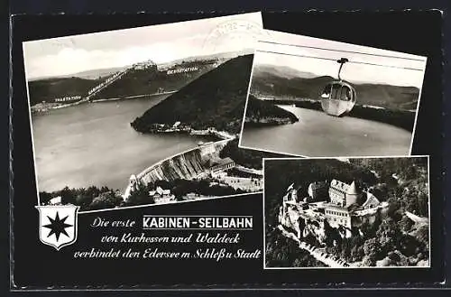AK Waldeck / Hessen, Kabinen-Seilbahn vom Edersee zum Schloss, Panorama mit Tal- und Bergstation