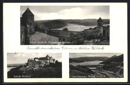AK Waldeck / Hessen, Schloss, Terrasse mit Edersee, Sperrmauer