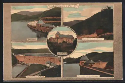 AK Waldeck / Hessen, Edertalsperre, Sperrmauer mit Kraftwerk, Schloss Waldeck