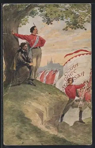 AK Sokol-Turnfest, Turner mit Fahne am Stadtrand von Prag