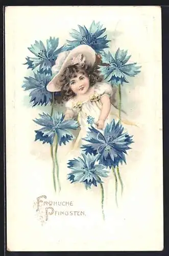 AK Mädchen blickt zwischen blauen Blüten hervor, Jugendstil