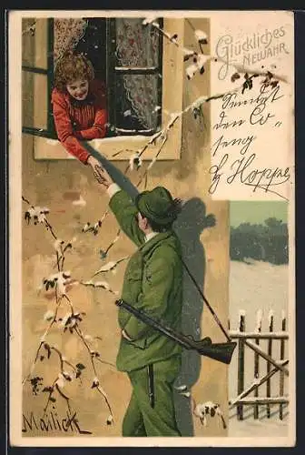 Künstler-AK Alfred Mailick: Jäger reicht an einem Fenster einer Dame die Hand, Glückliches Neujahr