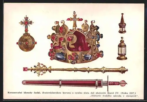 AK Korunovacni klenoty ceské, Tescheiche Kronjuwelen, Zepter, Schwert, Karel IV.