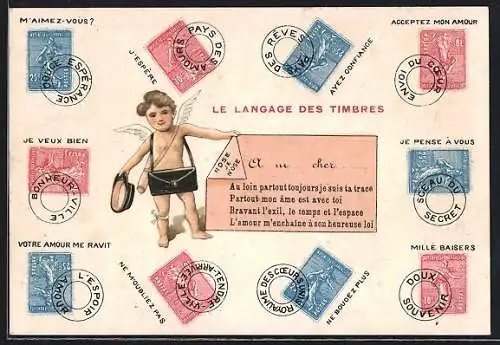 AK Briefmarkensprache, Briefmarken mit Sprüchen, Je veux bien, Mille Baisers, Engel als Briefträger