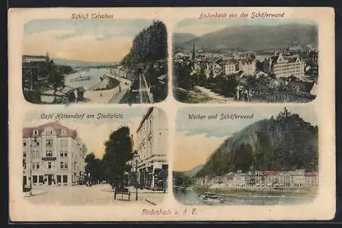 AK Tetschen-Bodenbach / Decin, Ortsansicht, Schloss Tetschen, Café Hötzendorf am Stadtplatz, Weiher und Schäferwand