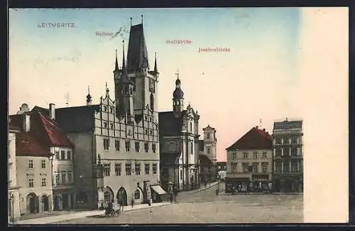 AK Leitmeritz / Litomerice, Rathaus mit Stadtkirche und Jesuitenkirche