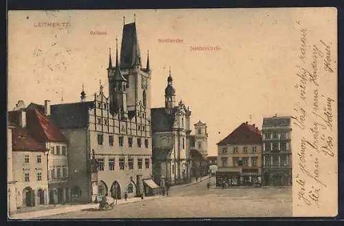 AK Leitmeritz, Rathaus mit Stadtkirche und Jesuitenkirche