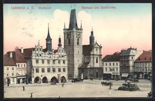 AK Leitmeritz / Litomerice, Stadtplatz mit Rathaus und Stadtkirche