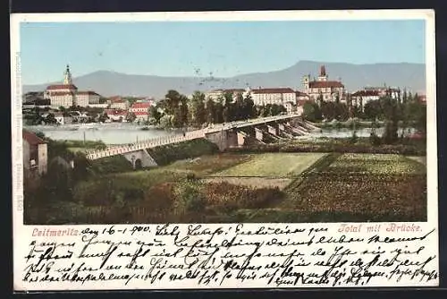 AK Leitmeritz / Litomerice, Blick über Brücke zur Stadt