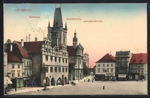 AK Leitmeritz / Litomerice, Rathaus, Stadtkirche und Jesuitenkirche