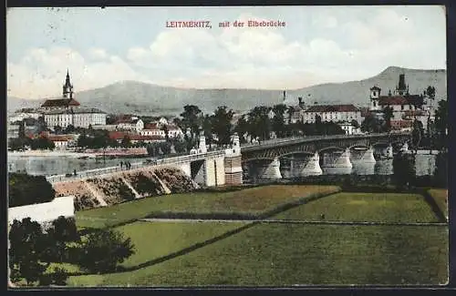 AK Leitmeritz / Litomerice, Stadtansicht mit der Elbbrücke im Vordergrund