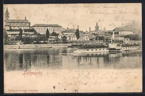 AK Leitmeritz / Litomerice, Ortsansicht mit Kirche und Elbdampfschiff