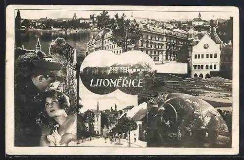 AK Leitmeritz / Litomerice, Kirche am Marktplatz, Blick auf den Landungsplatz, das Rathaus, junger Soldat mit Frau