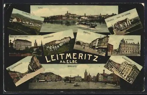 AK Leitmeritz a. d. Elbe, K. k. Postgebäude, Landwehrkaserne, Ringplatz