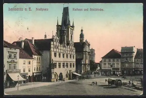 AK Leitmeritz a. E., Stadtplatz mit Rathaus und Stadtkirche