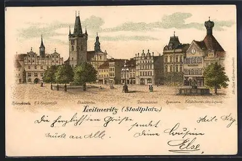 Lithographie Leitmeritz / Litomerice, Stadtplatz mit Stadtkirche, Rolandsäule und Sparcassa