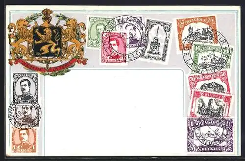 AK Briefmarken von Belgien, Löwen-Wappen von Belgien