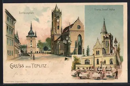 Lithographie Teplitz Schönau / Teplice, Schlossplatz mit Passanten, Franz Josef-Höhe