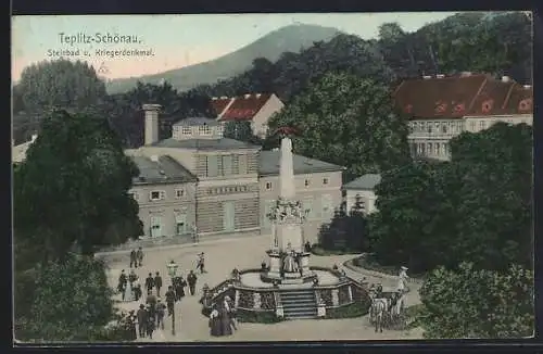 AK Teplitz Schönau-Teplice, Steinbad und Kriegerdenkmal, Pferdekutsche