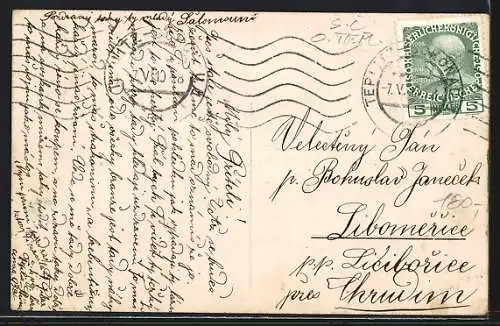 AK Teplitz Schönau-Teplice, Steinbad und Kriegerdenkmal, Pferdekutsche