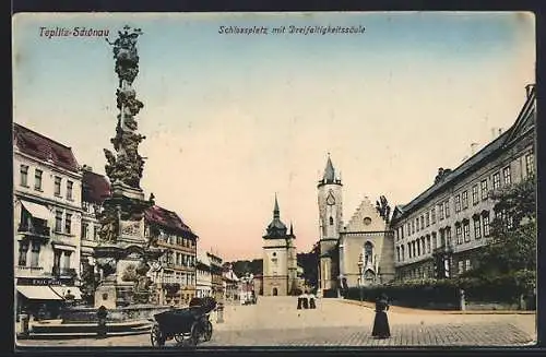 AK Teplitz Schönau / Teplice, Schlossplatz mit Dreifaltigkeitssäule