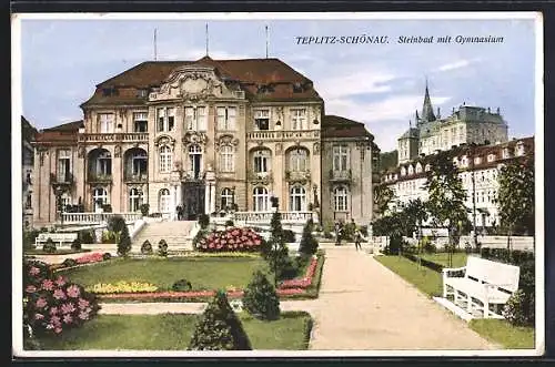 AK Teplitz Schönau / Teplice, Steinbad mit dem Gymnasium, in den Anlagen