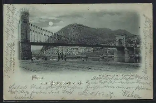 Mondschein-AK Bodenbach a. E., Schäferwand mit Kettenbrücke