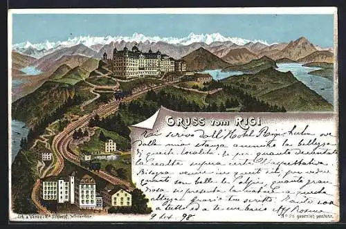 Lithographie Rigi, Villen und Eisenbahn mit Alpenpanorama