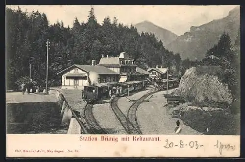 AK Brünig, Züge im Bahnhof mit Restaurant