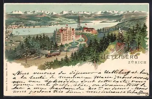 Lithographie Zürich, Hotel auf dem Uetliberg, Panorama mit Zürich-See