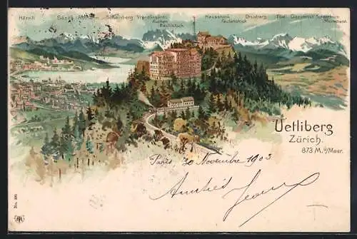 Lithographie Uetliberg, Hotel Uto Kulm und Aussichtsturm