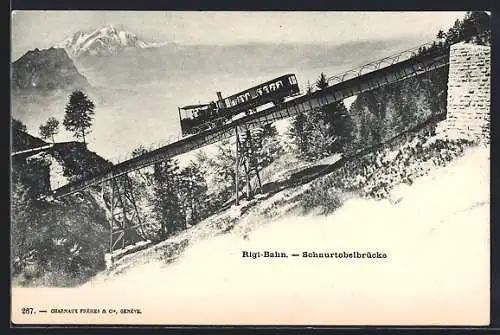 AK Rigi-Bahn passiert die Schnurtobelbrücke, Bergbahn