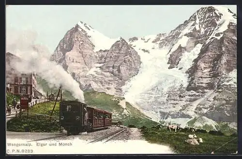 AK Wengernalp, Bergbahn-Station mit Eiger und Mönch