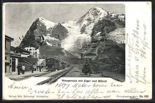 AK Wengernalpbahn, Bahnhof an der Wengeralp mit Eiger und Mönch