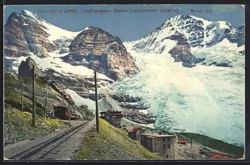 AK Jungfraubahn an der Station Eigergletscher, Mönch & Eiger, Bergbahn