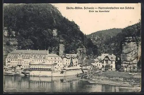 AK Herrnskretschen / Hrensko, Teilansicht mit Hotel Hetschel von Schöna aus