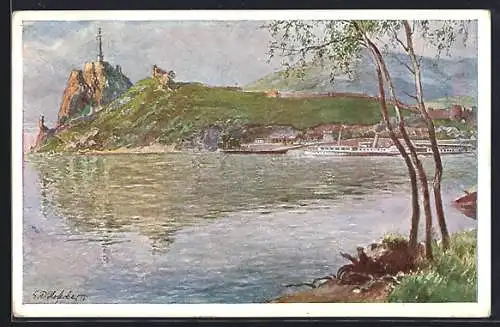 Künstler-AK E.F. Hofecker: Theben a. d. Donau, Blick auf Flusspartie mit Dampfschiff