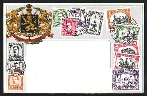 AK Briefmarken von Belgien, Löwen-Wappen von Belgien