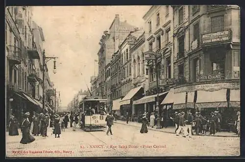 AK Nancy, Rue St.-Dizier et Le Point Central, Strassenbahn & Café