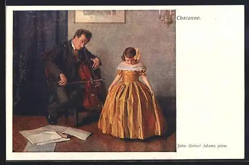 Künstler-AK Vater spielt auf dem Cello & Tochter tanzt zur Musik