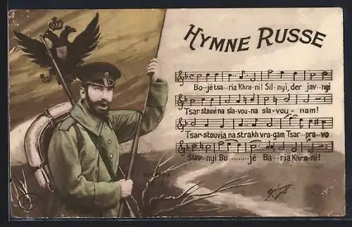 AK Hymne Russe, russischer Soldat mit Fahne und Hymne