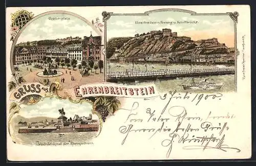 Lithographie Ehrenbreitstein, Goebenplatz, Festung, Kaiserdenkmal der Rheinprovinz, Dampfer