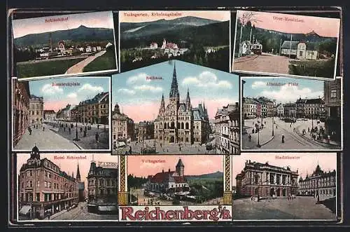 AK Reichenberg / Liberec, Hotel Schienhof, Bismarck-Platz, Altstädter-Platz, Stadttheater, Volksgarten