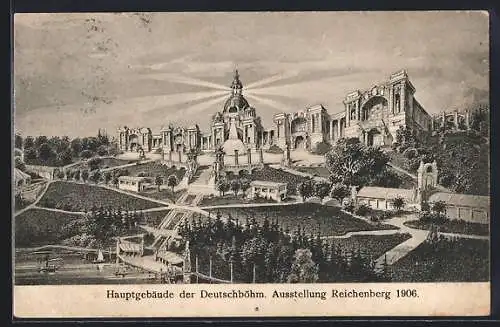 AK Reichenberg, Deutschböhmische Ausstellung 1906, Parkansicht mit dem Hauptgebäude