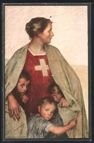 AK Henri Dunant, Schweizer Rotes Kreuz, Helvetia mit Kindern