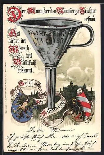 Künstler-AK Nürnberg, Der Nürnberger-Trichter, Wappen, 1899